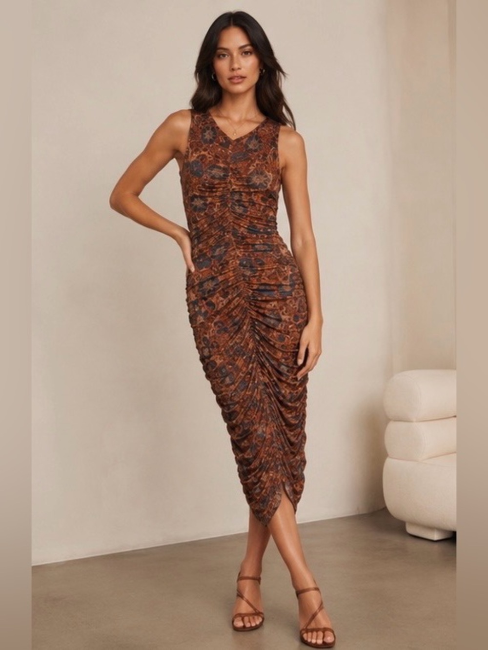 260$ House of Harlow Sleeveless Brown Ruched Midi Dress